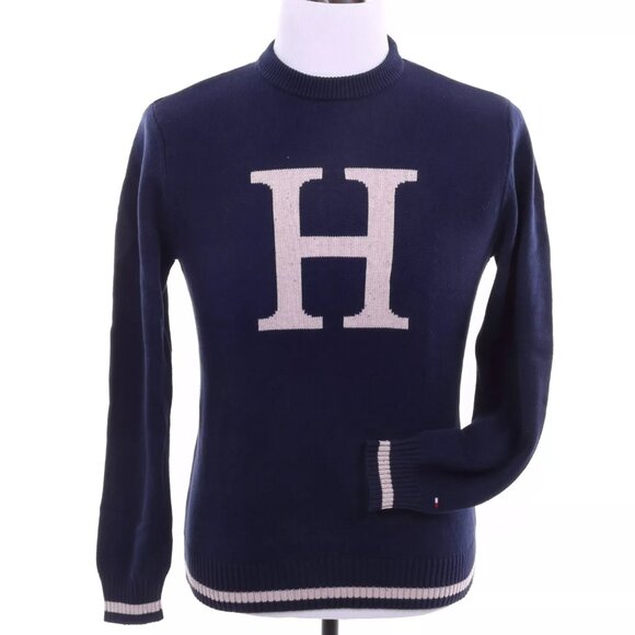 Tommy Hilfiger Men's XL Classic Crew Neck H Logo Sweater Navy Beige Preppy Y2K - Picture 1 of 16